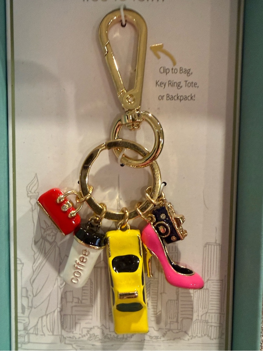 New York Charm Keyring with Pink Pump, Yellow Taxi Stone Purse &Multicolor Icons - Picture 1 of 10